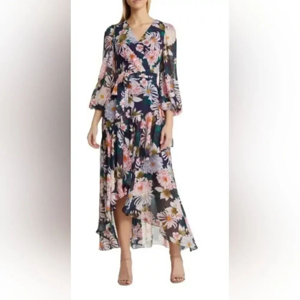 Eliza J Floral Long Sleeve High Low Faux Wrap Dress Navy Floral NWT Size 2